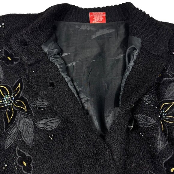 Vintage 90s Mohair Wool Cardigan Sz. S Black Beaded Appliqué  Fuzzy Whimsigoth - Picture 3 of 12
